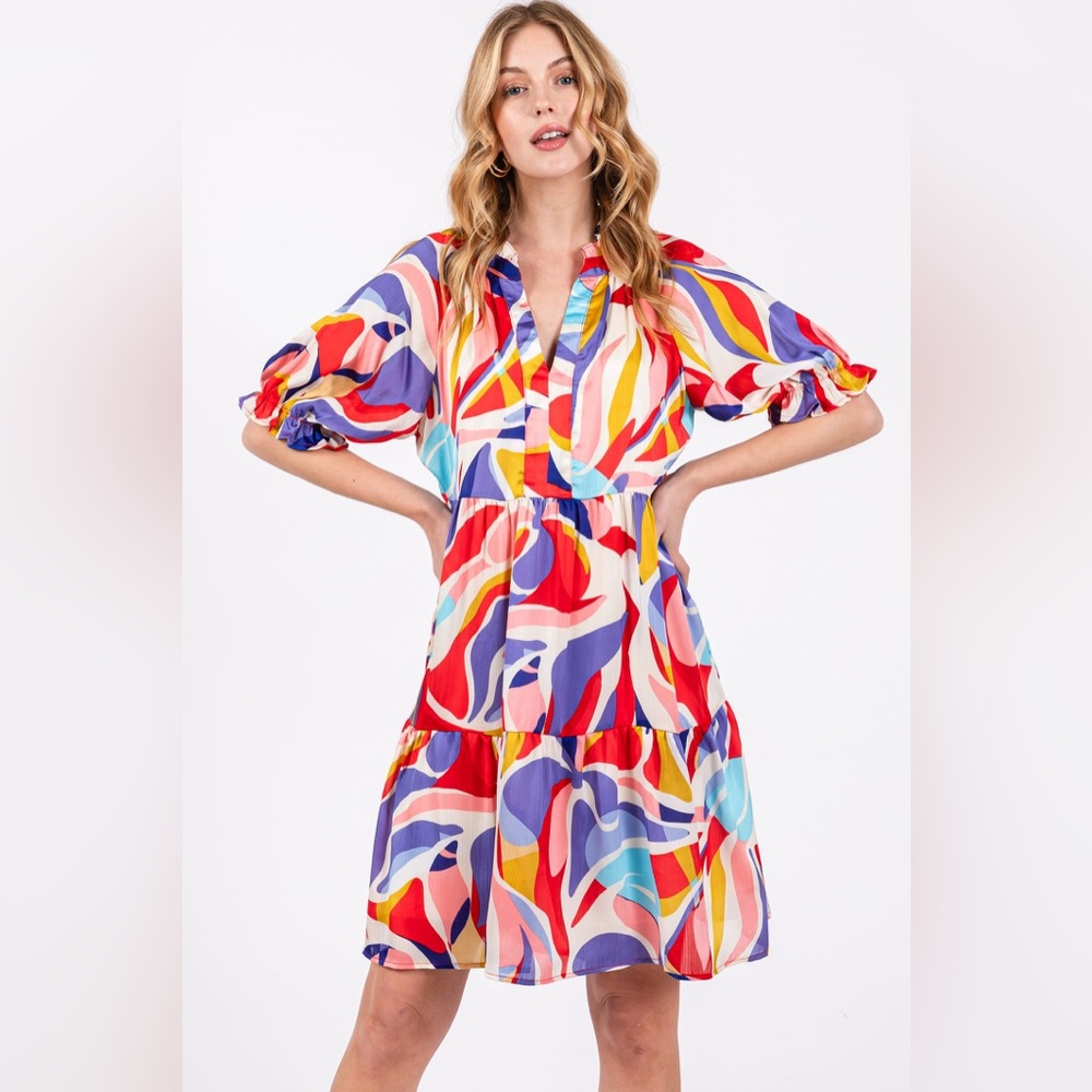 Jodiful Women's Colorful Dress Elbow Sleeve Floral Split Neck A-Line Short Dress